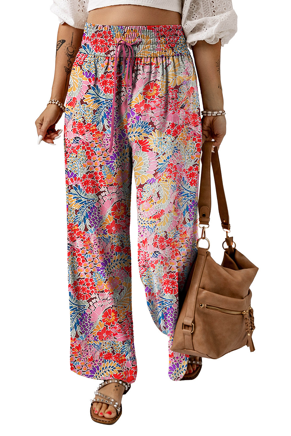 Gorgeous Floral Print Drawstring Smocked High Waist Pants