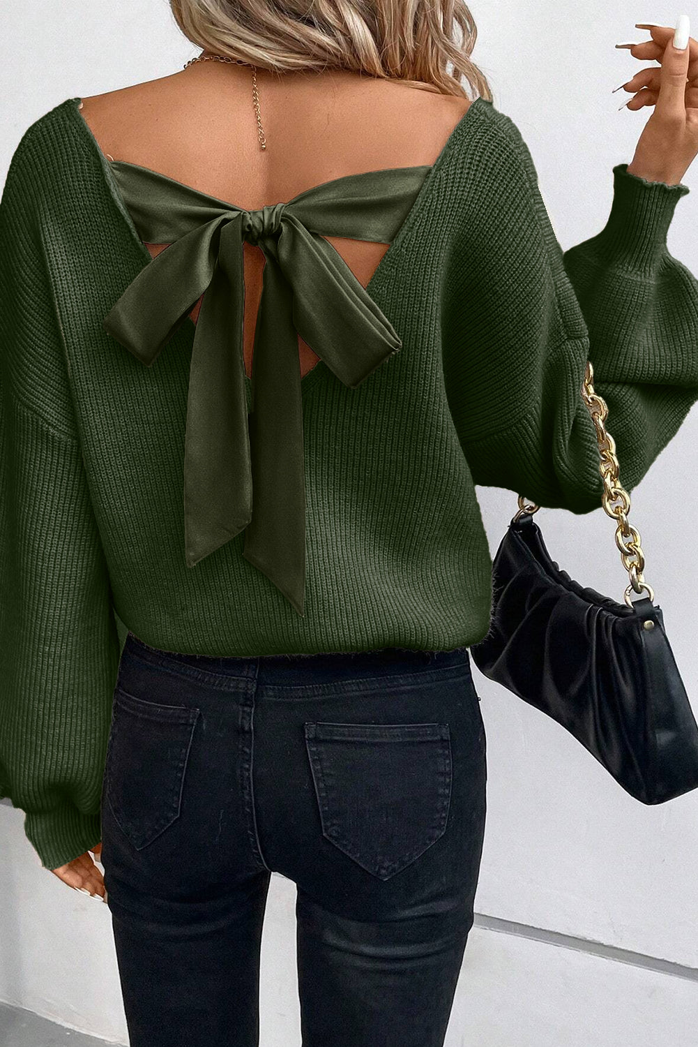 Oh So Sweet! Lantern Sleeve V Neck Knot Back Sweater