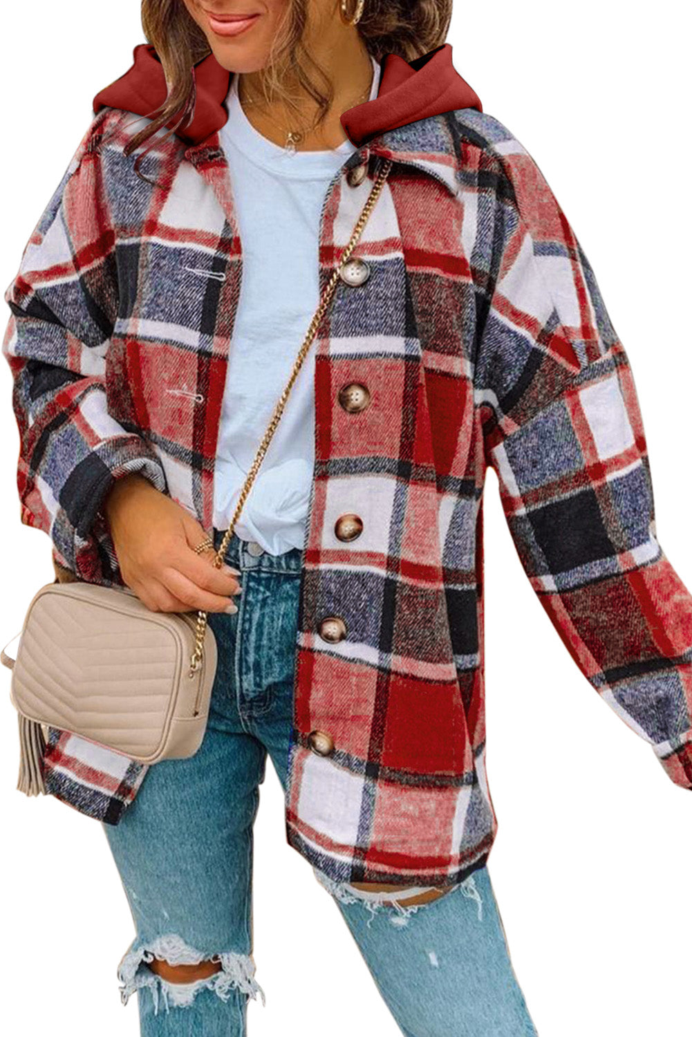 Fiery Red Hooded Plaid Button Front Shacket