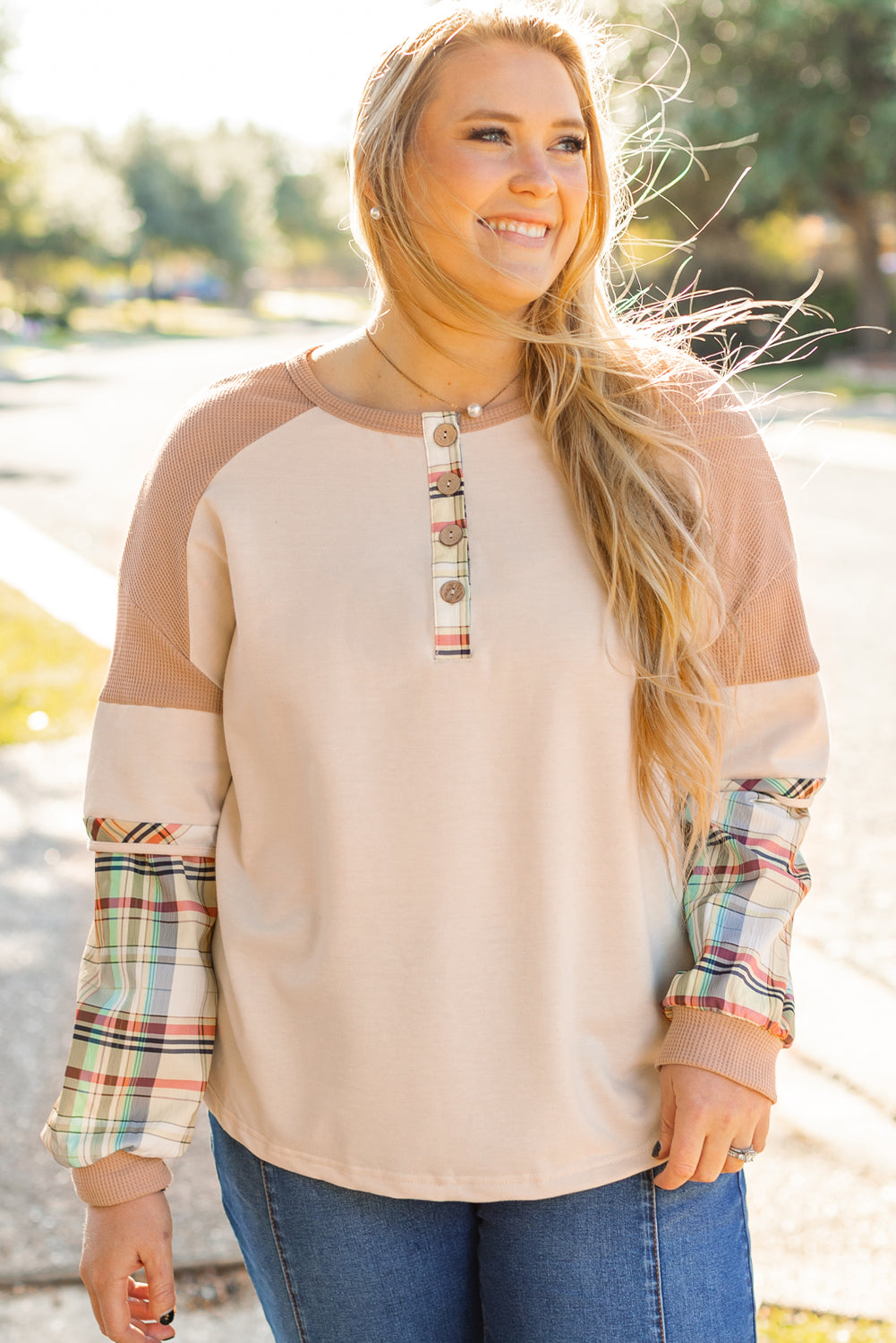 Parchment Plaid Patchwork Layered Henley Top