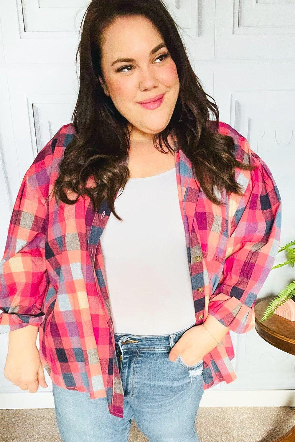 Rose Checkered Print Button-up Plus Size Shirt