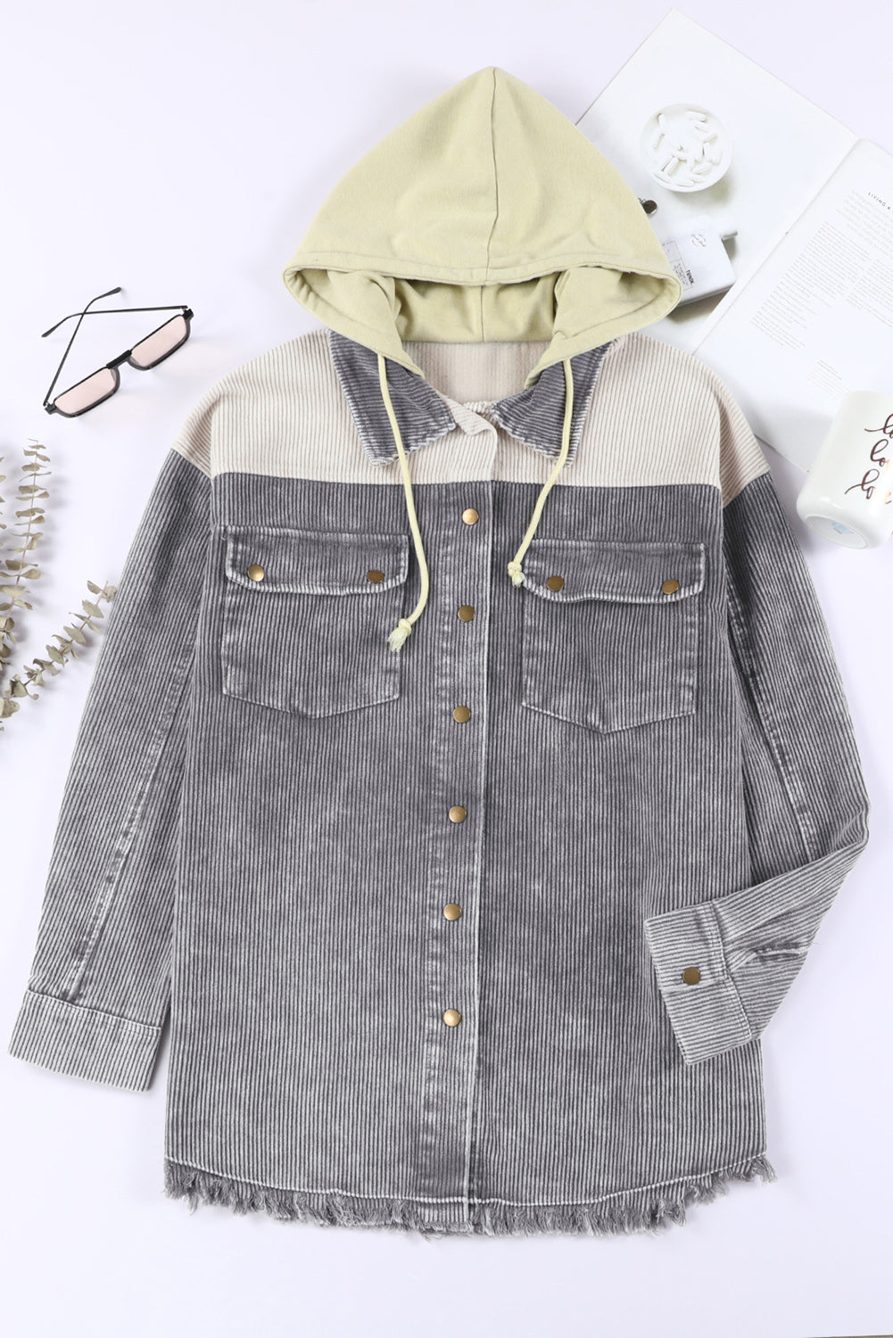 Color Block Button Down Hooded Corduroy Jacket