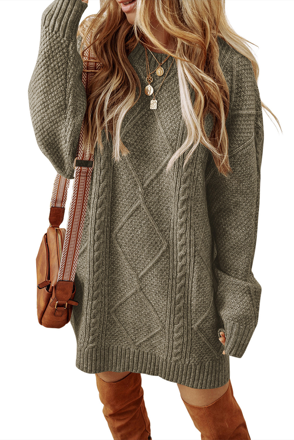 Twist Cable Knit Drop Shoulder Loose Fit Sweater Dress