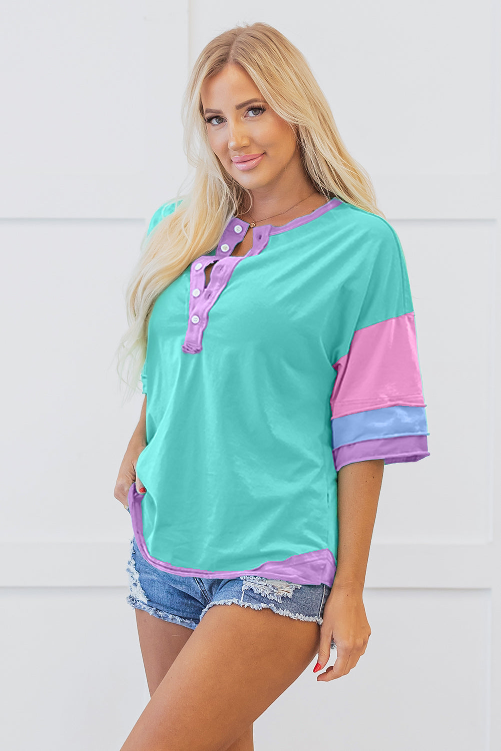 Solid Color Half Sleeve Buttons Henley Top