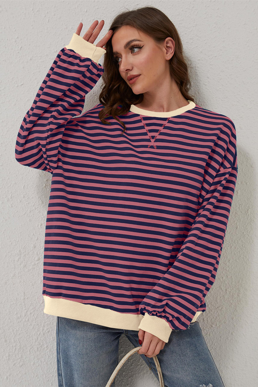 Black Stripe Oversized Contrast Trim Pullover Sweatshirt