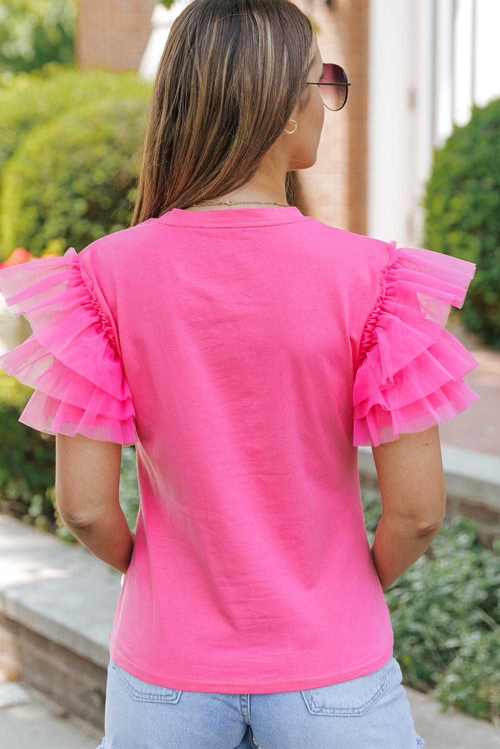 Be My Lover - Tulle Round Neck Ruffle Sleeve Blouse