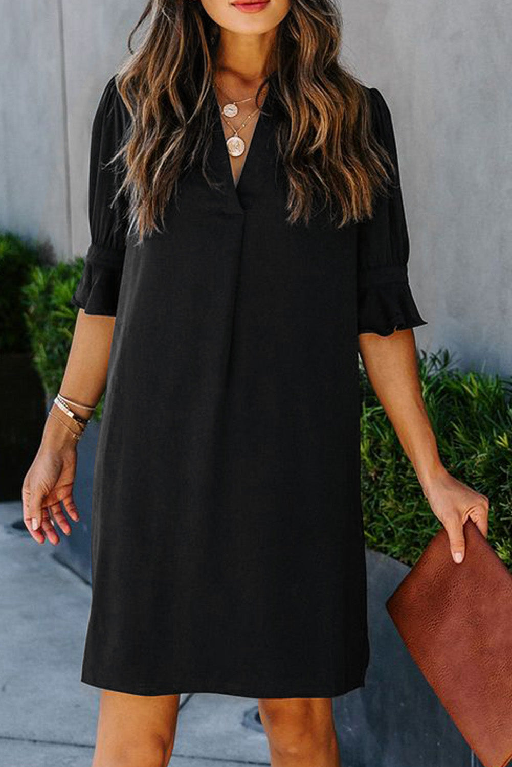 Black Split V Neck Short Sleeve Casual Tunic Dress