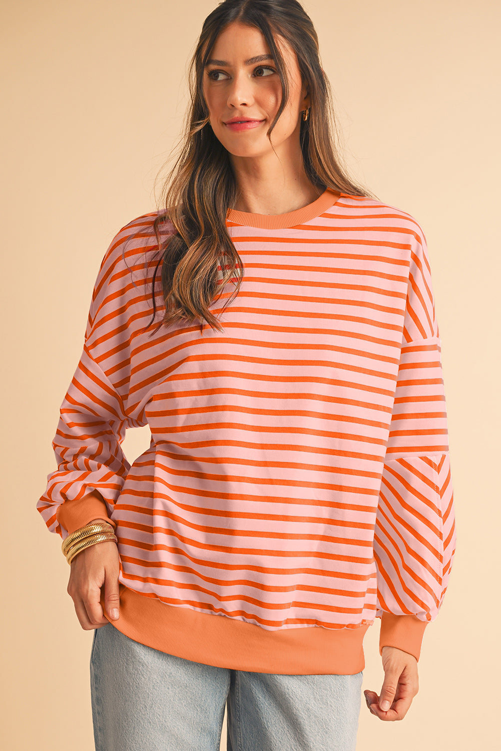 Blue Stripe Drop Shoulder Crew Neck Loose Sweatshirt