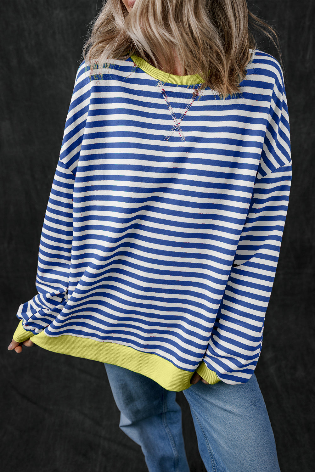 Black Stripe Oversized Contrast Trim Pullover Sweatshirt