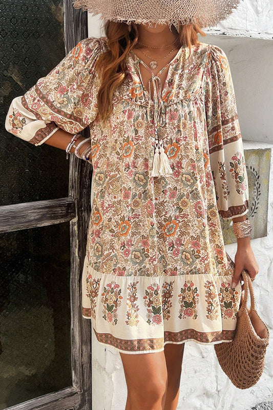 Apricot Floral Print Boho V-Neck Lace-Up Dress