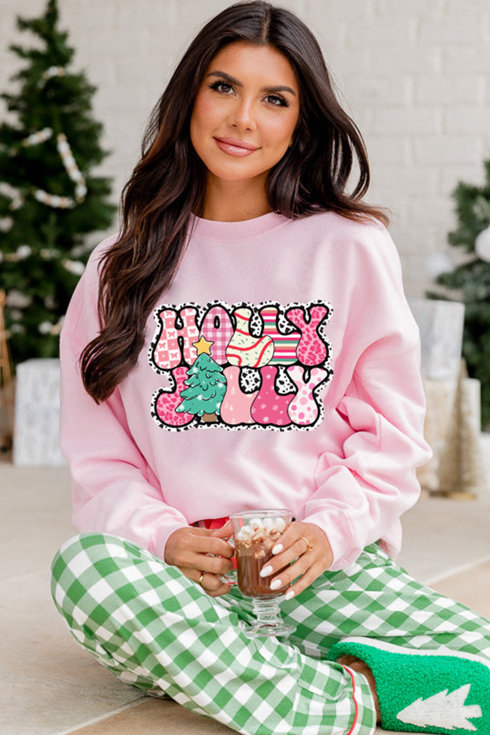 Pink Letter Print Christmas Graphic Crew Neck Sweatshirt