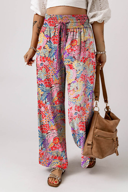 Gorgeous Floral Print Drawstring Smocked High Waist Pants