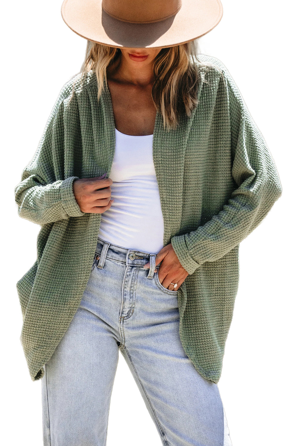 Laurel Green Waffle Knit Open Front Cardigan