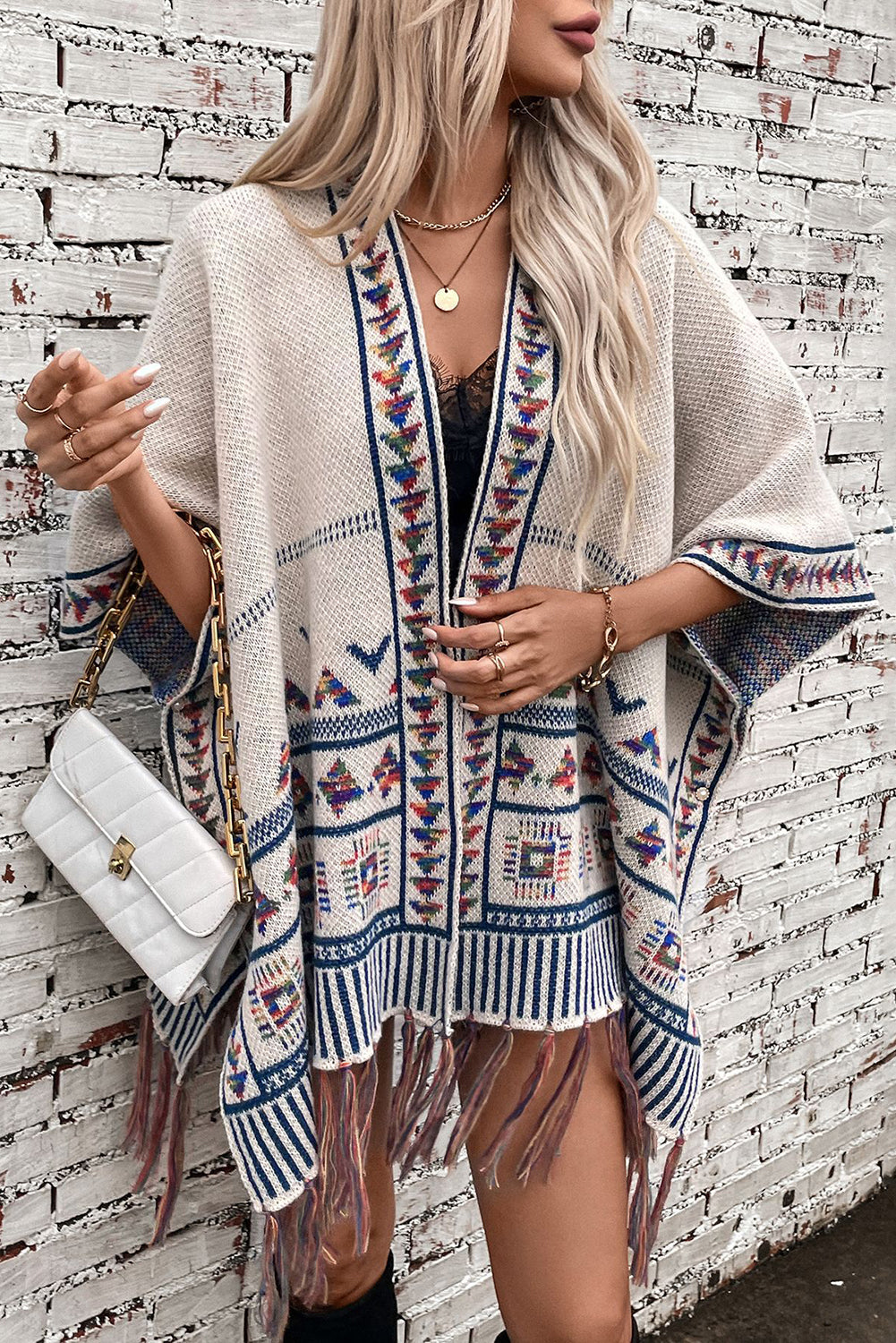 Beige Boho Geometric Tassel Hem Cape Poncho Cardigan