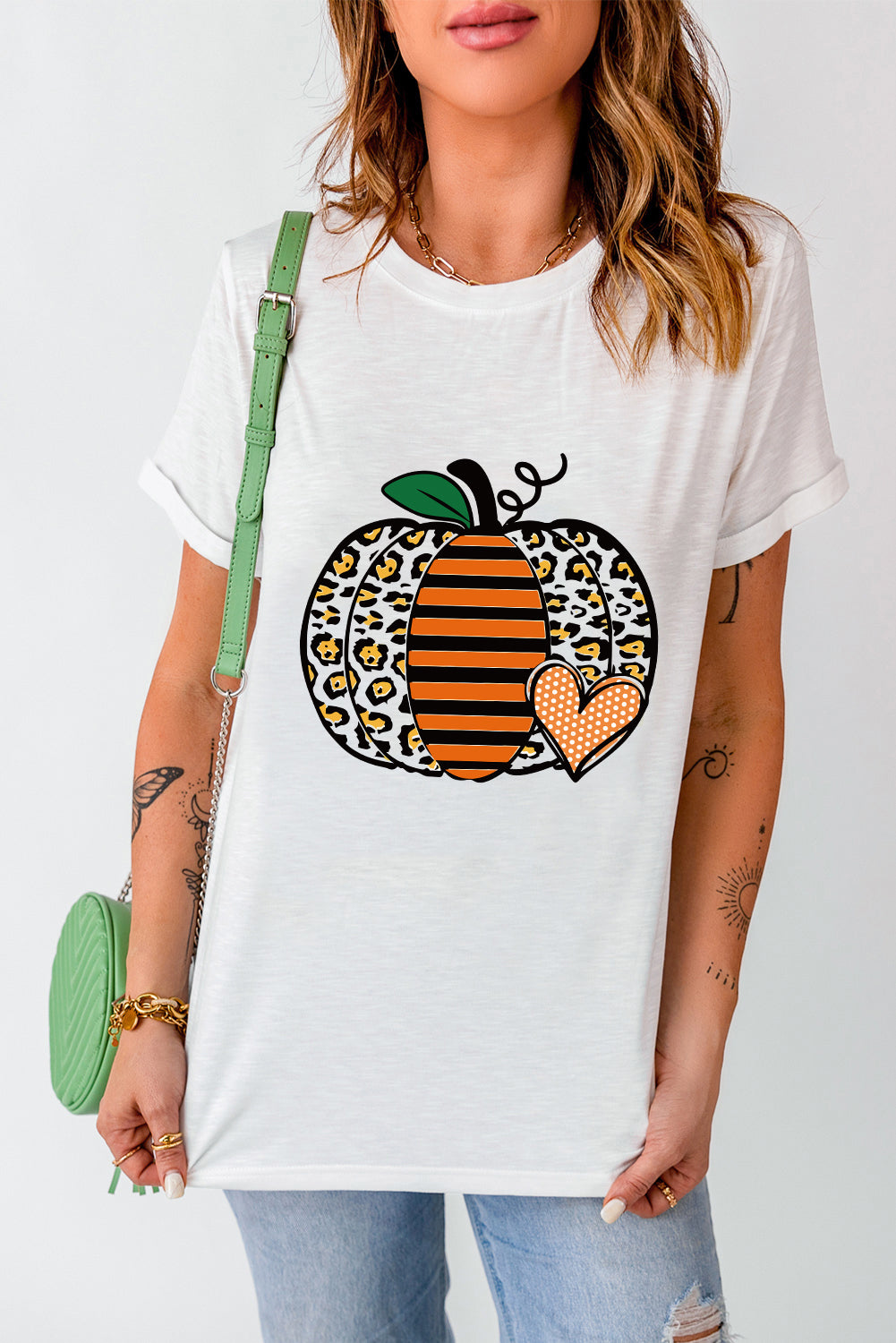 White Leopard Striped Pumpkin Printed Thanksgiving T Shirt