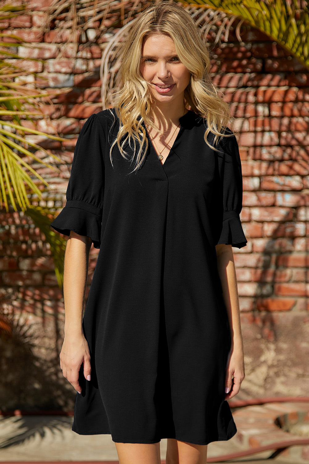 Black Split V Neck Short Sleeve Casual Tunic Dress