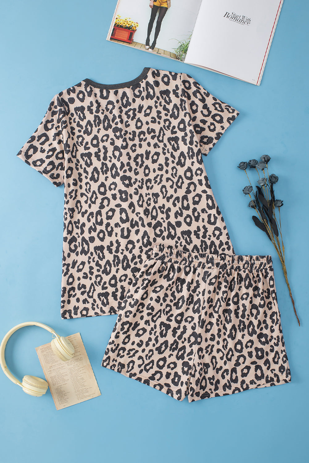 Leopard Button V Neck Tee and Drawstring Shorts Set