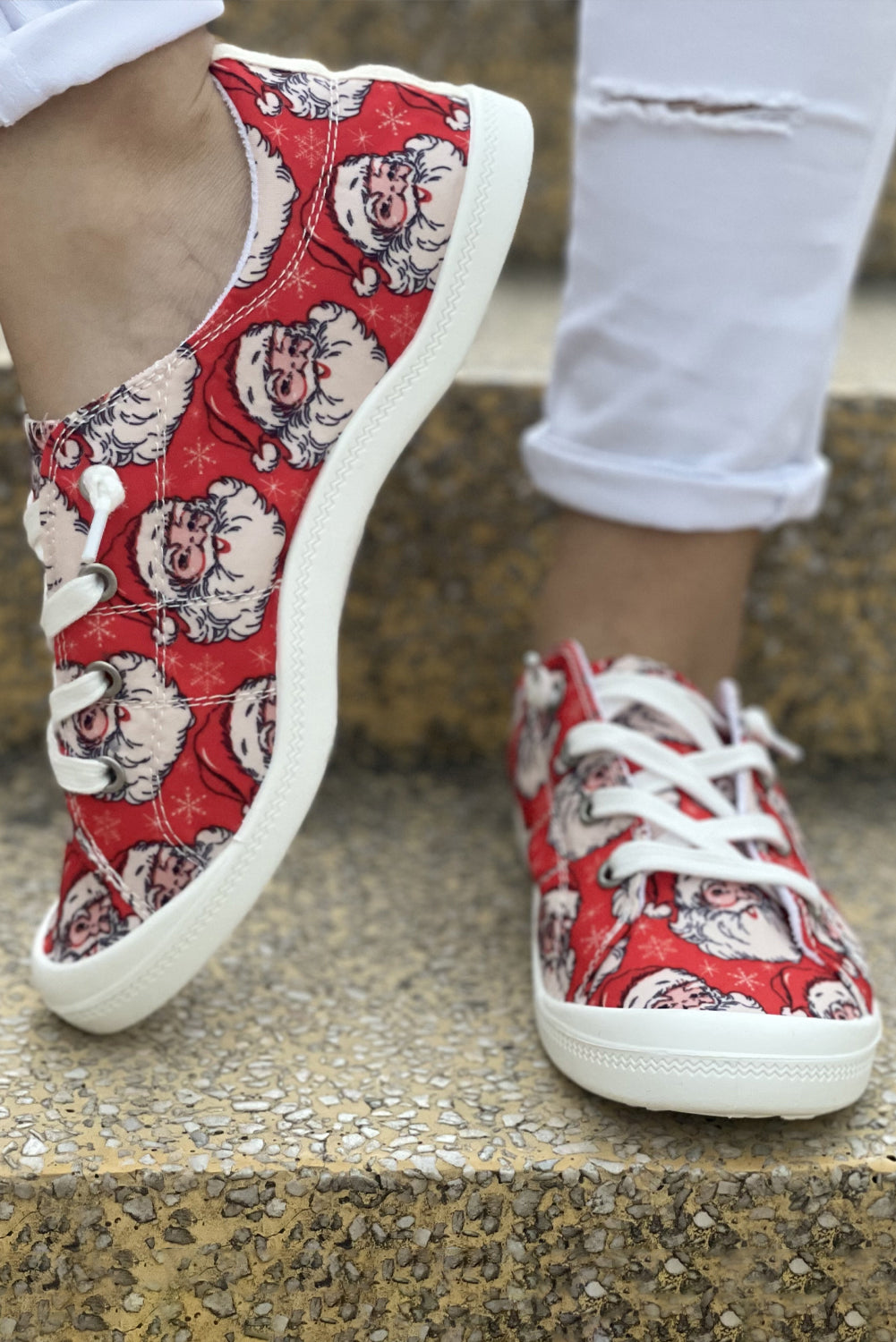 Christmas Santa Print Lace Up Flat Sneakers