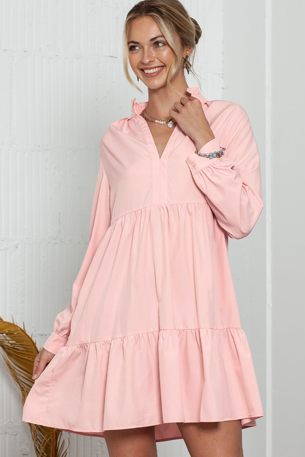 Casual Stand V Neck Short Frill Dress