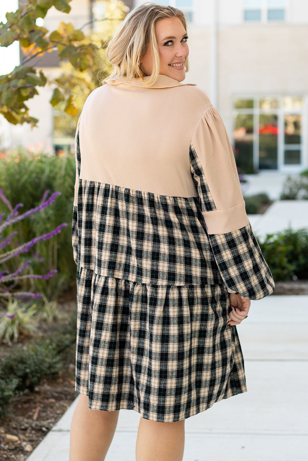 Black Plaid Waffle Knit Patchwork Collared V Neck Dress