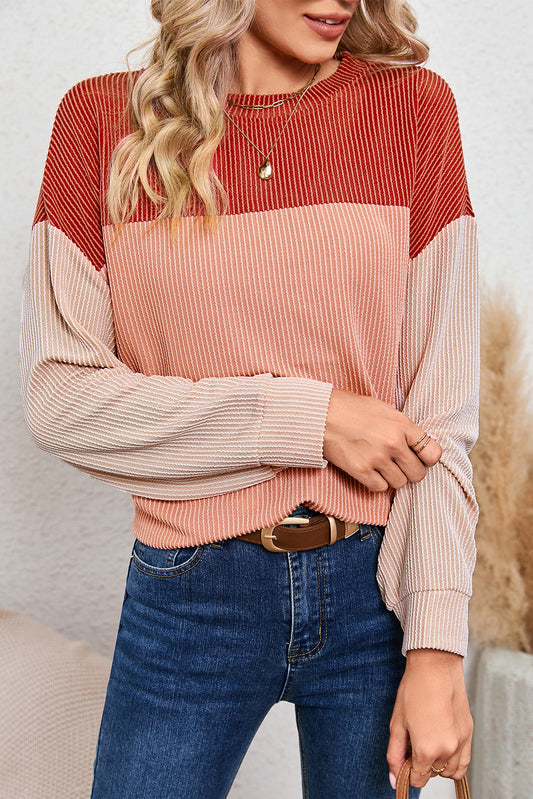 Color Block Ribbed Loose Long Sleeve Top