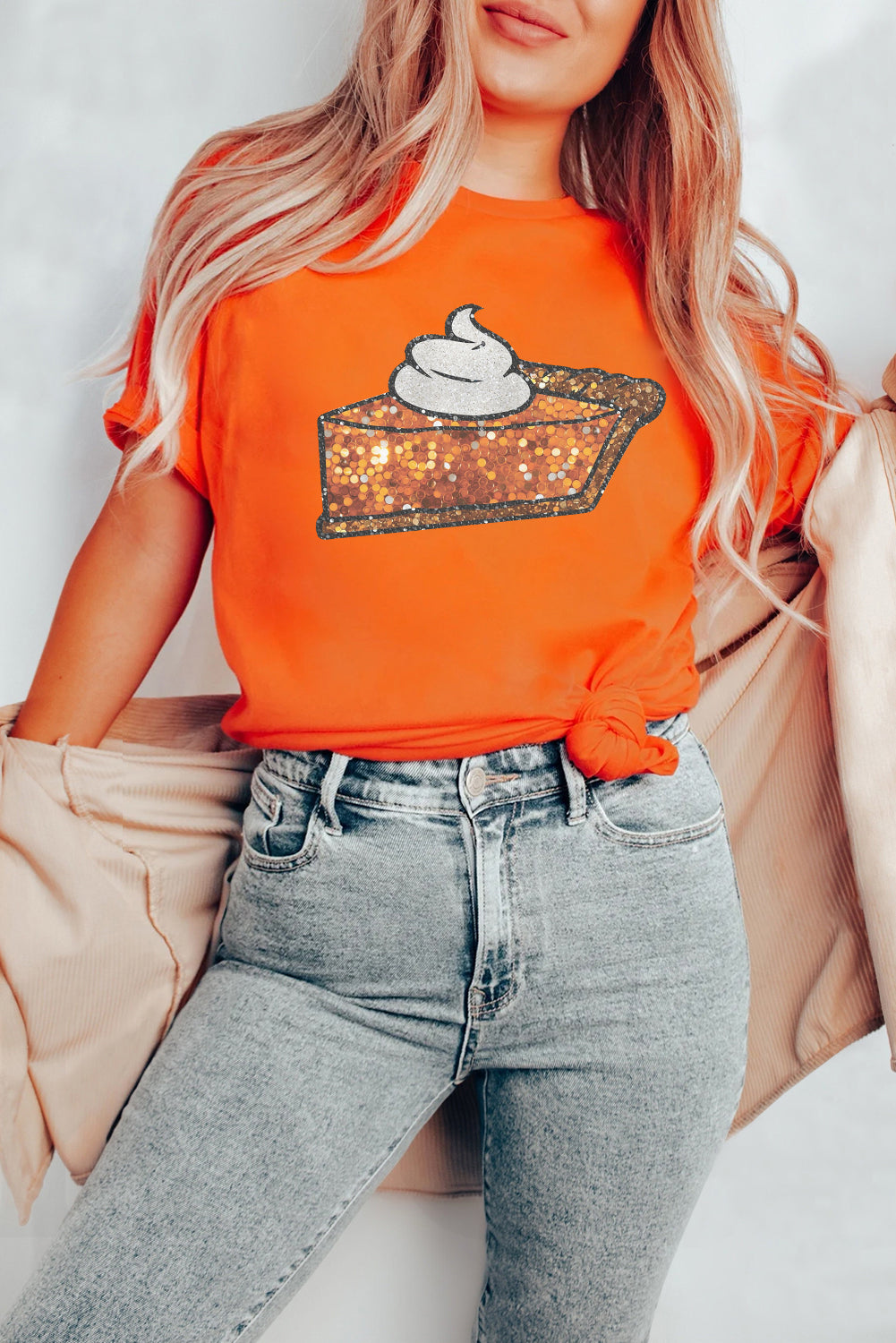 Sweet As Pumpkin Pie Graphic Cuffed Sleeve Crew Neck Tee