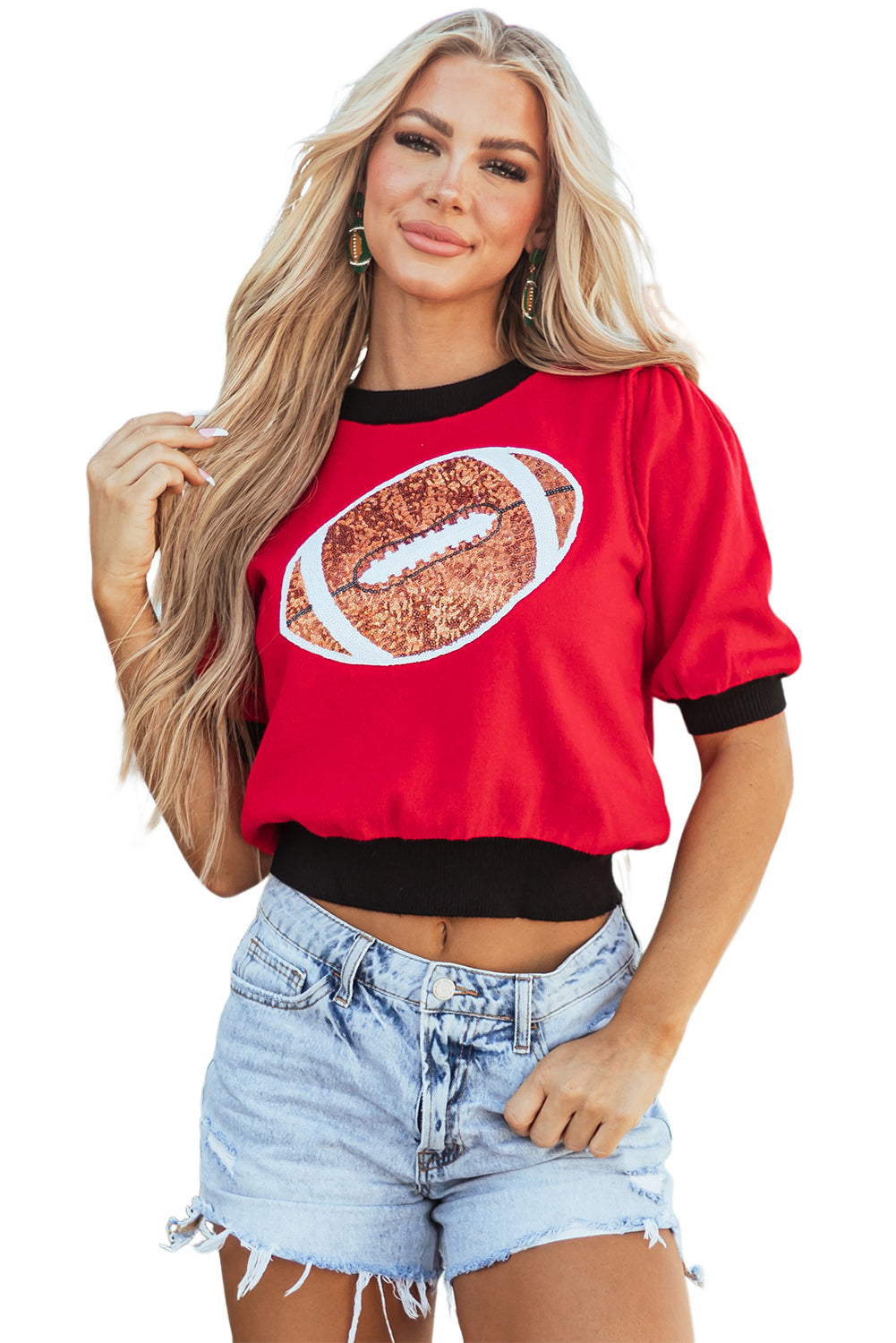 Sequin Football Puff Sleeve Sweater