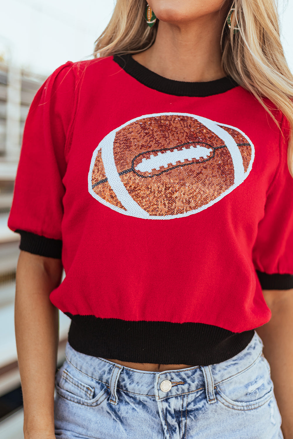 Sequin Football Puff Sleeve Sweater