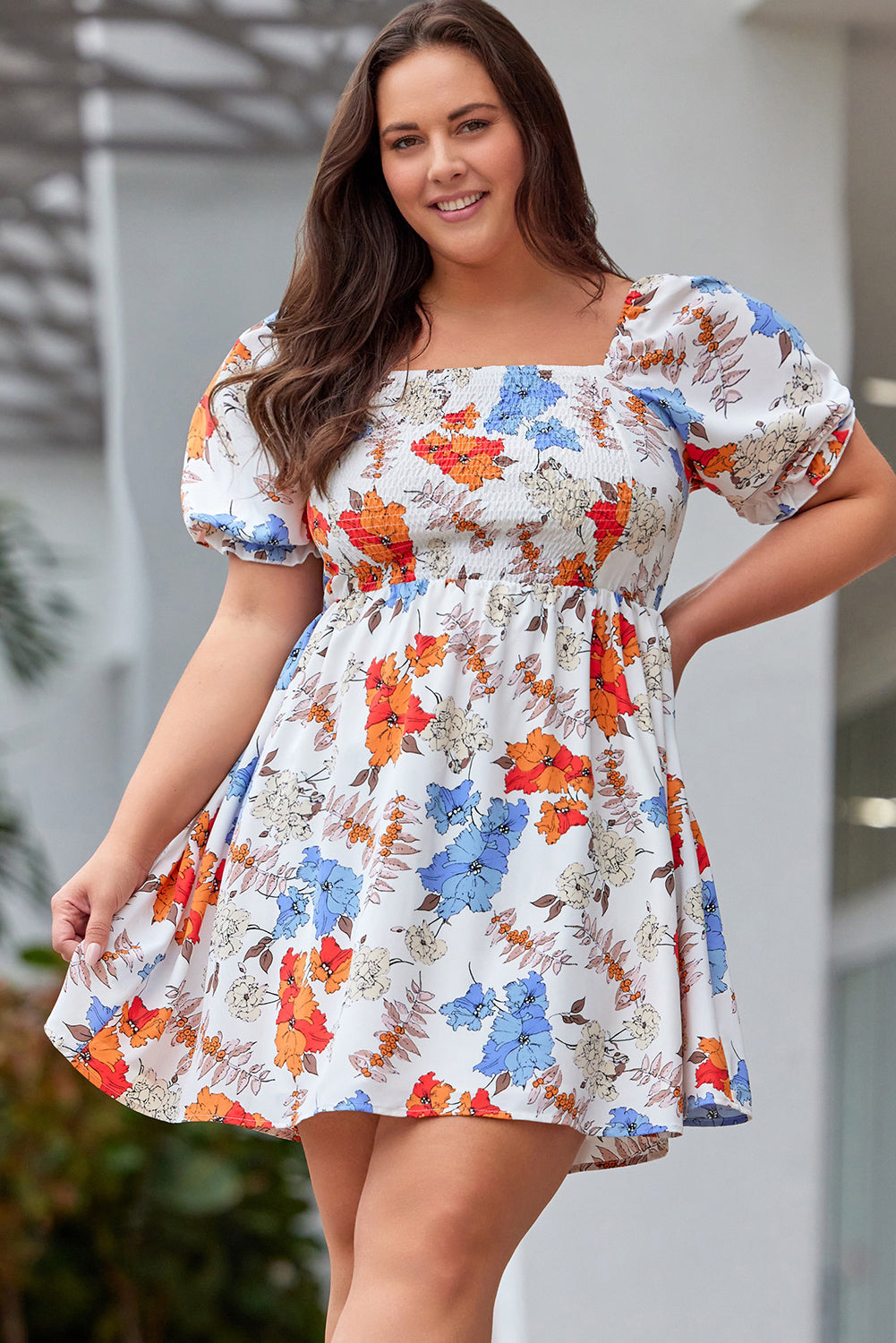 White Floral Smocked Flared Dress