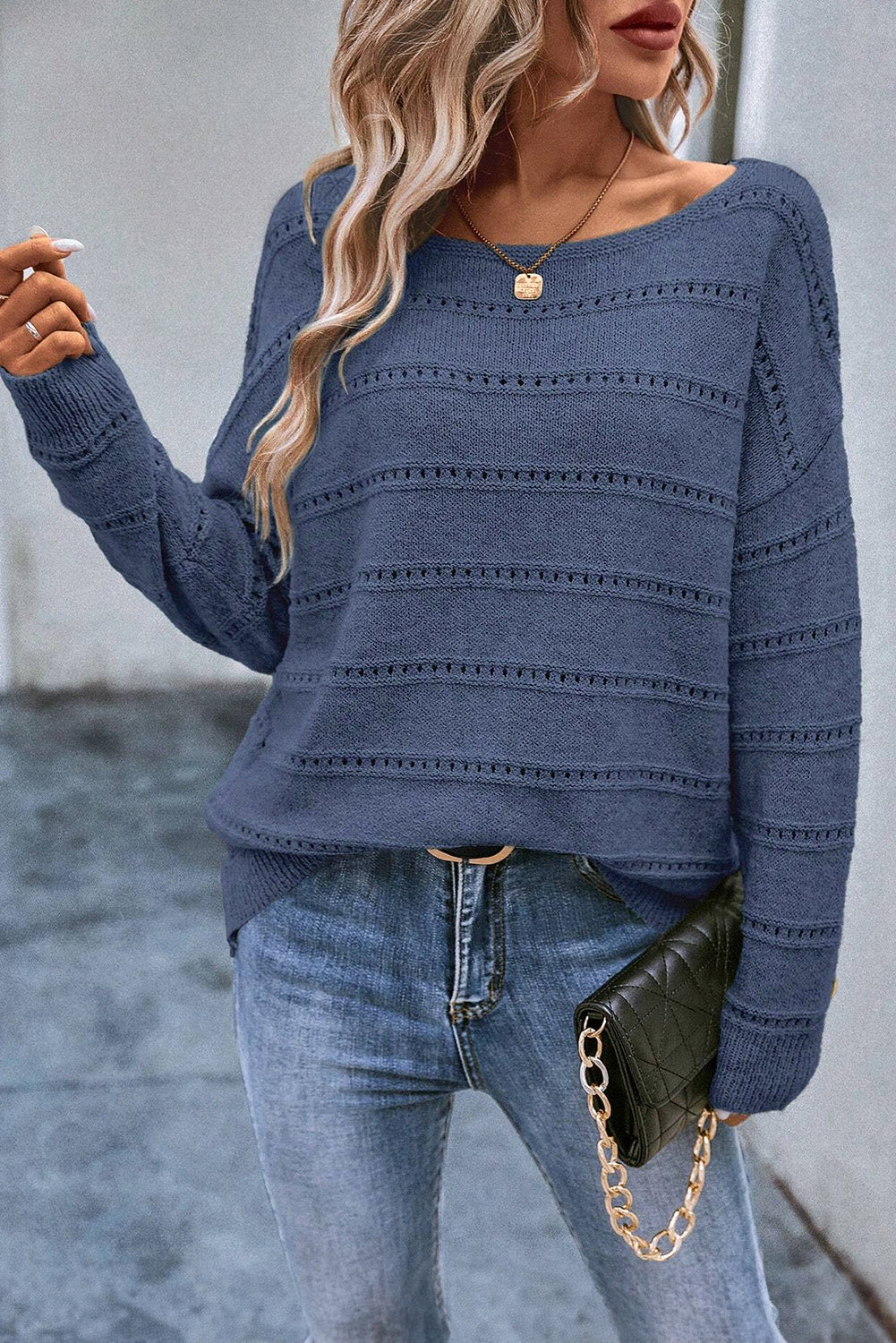 Boat Neck Drop Shoulder Pointelle Knit Sweater