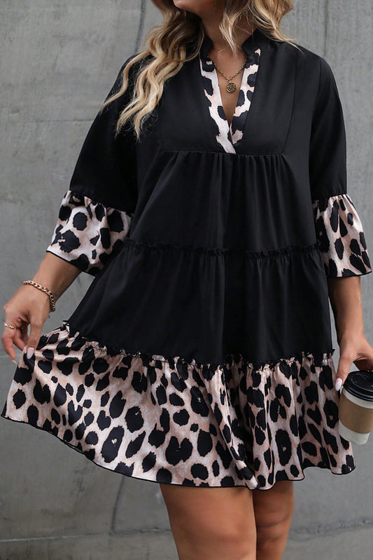 Black Leopard Patchwork Split Neck Ruffle Dress