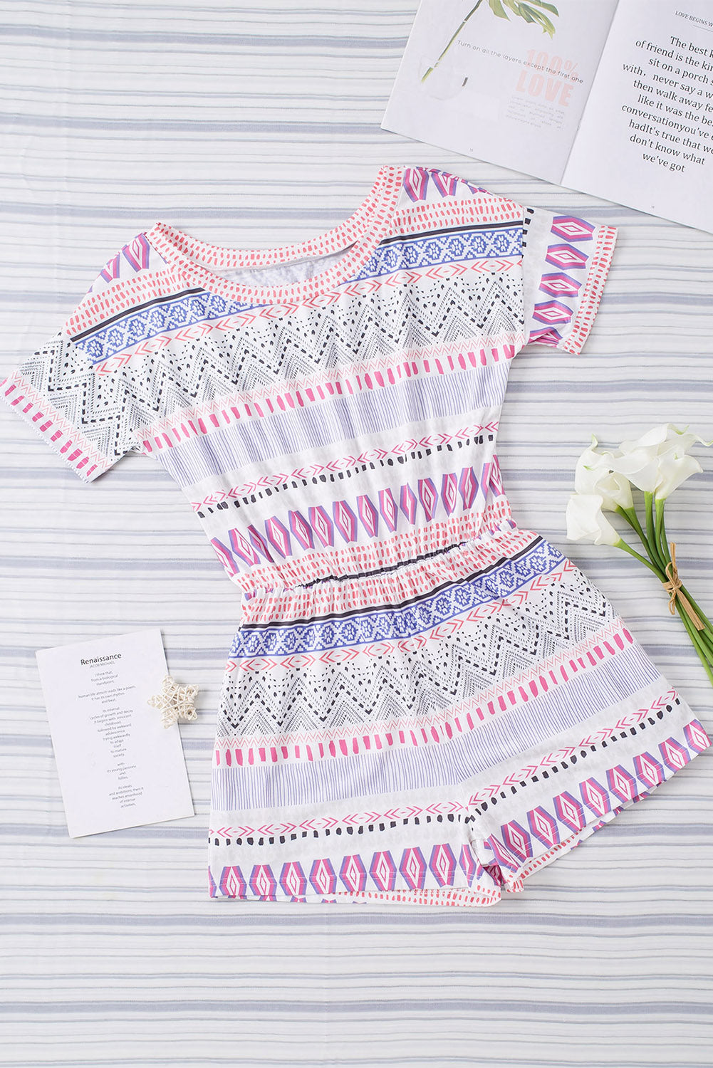 Multicolor Aztec Print Short Sleeve Romper