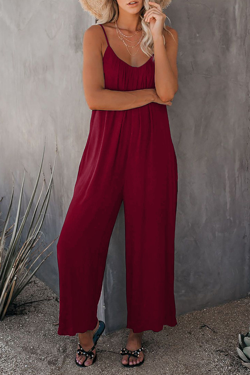 Black Spaghetti Straps Wide Leg Pocketed Jumpsuits