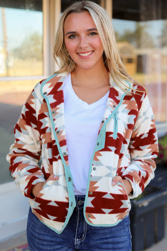 Fiery Red Western Aztec Buttoned Zipper Pockets Fleece Jacket