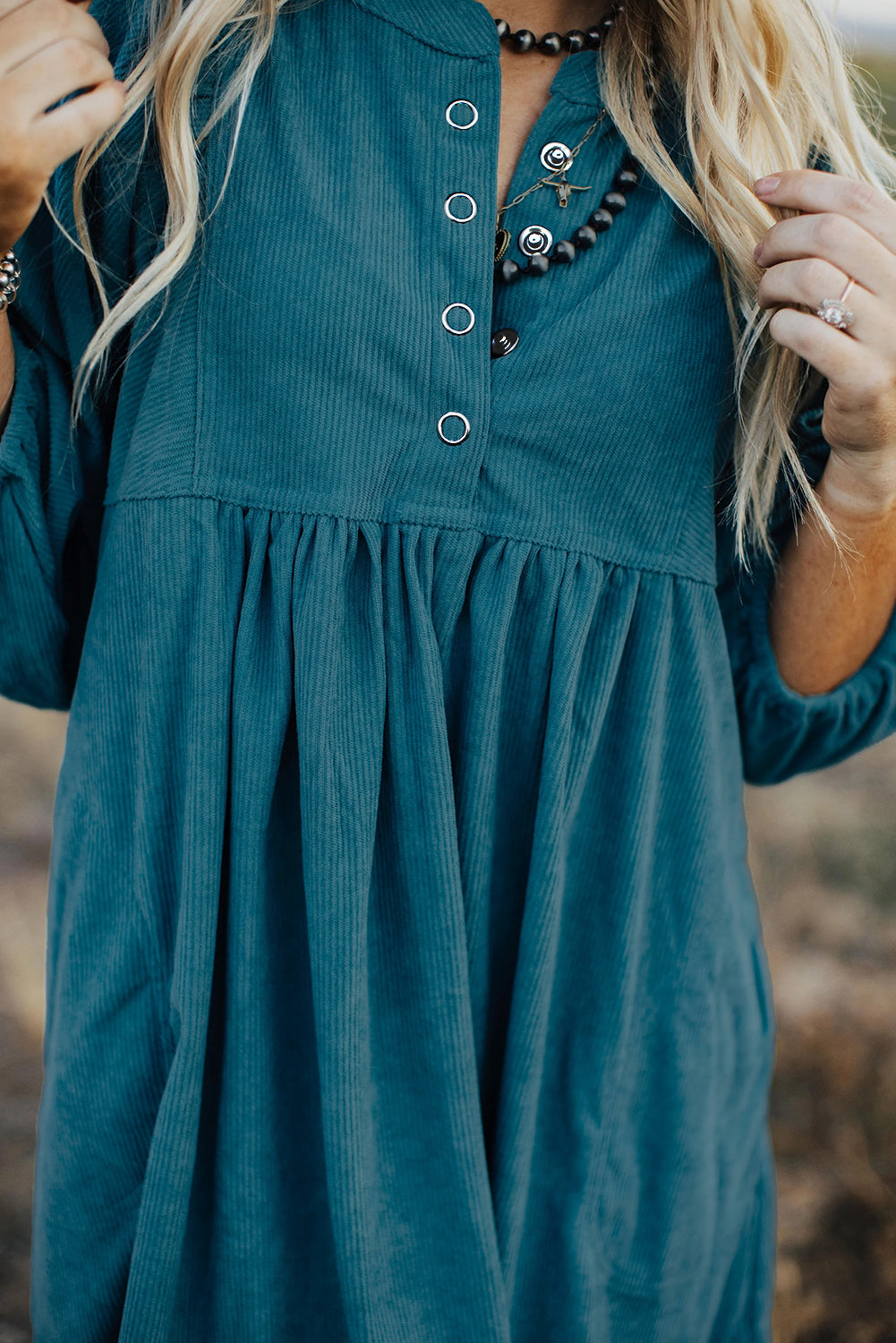 Vineyard Green Snap Button Empire Waist Lantern Sleeve Corduroy Dress