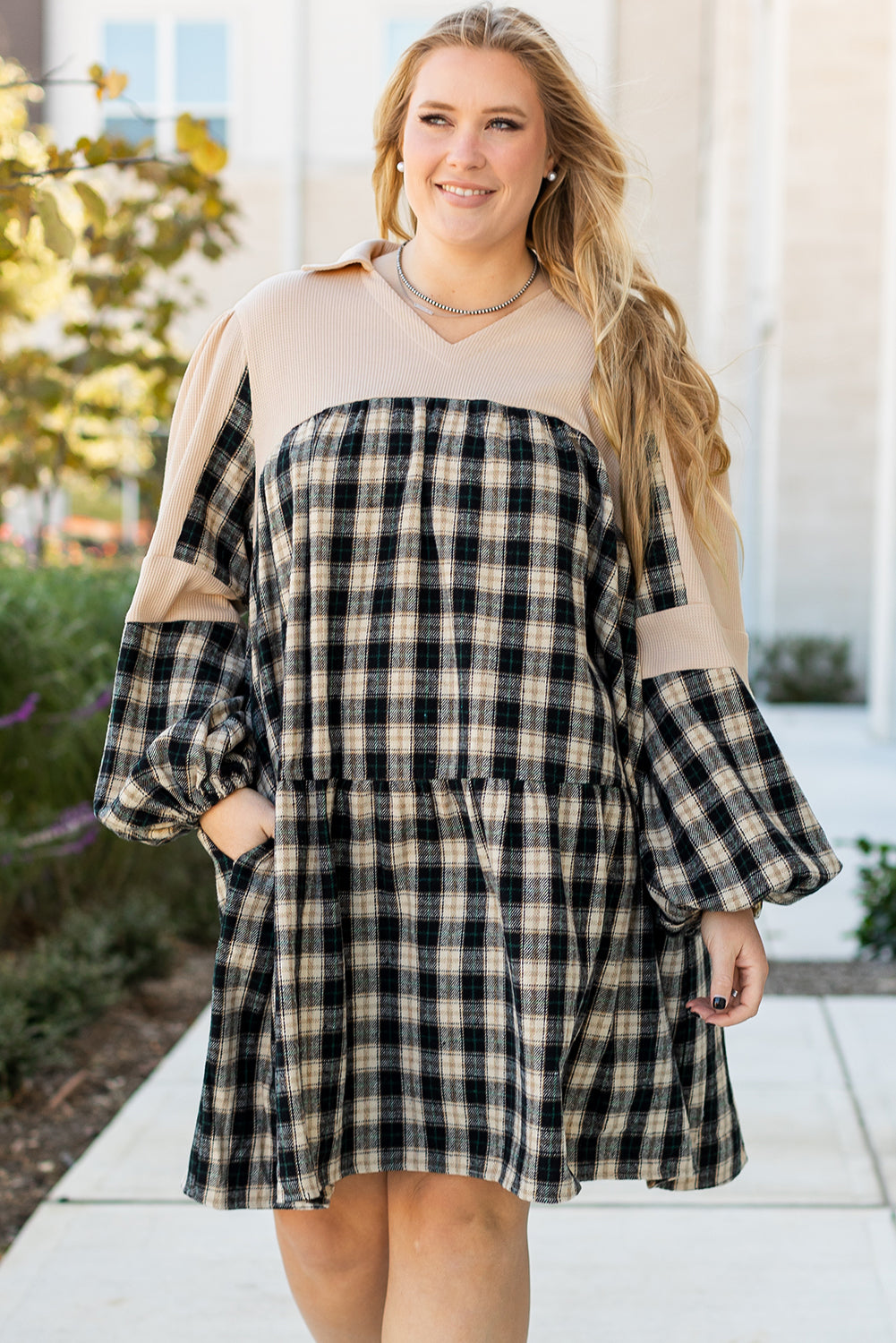 Black Plaid Waffle Knit Patchwork Collared V Neck Dress