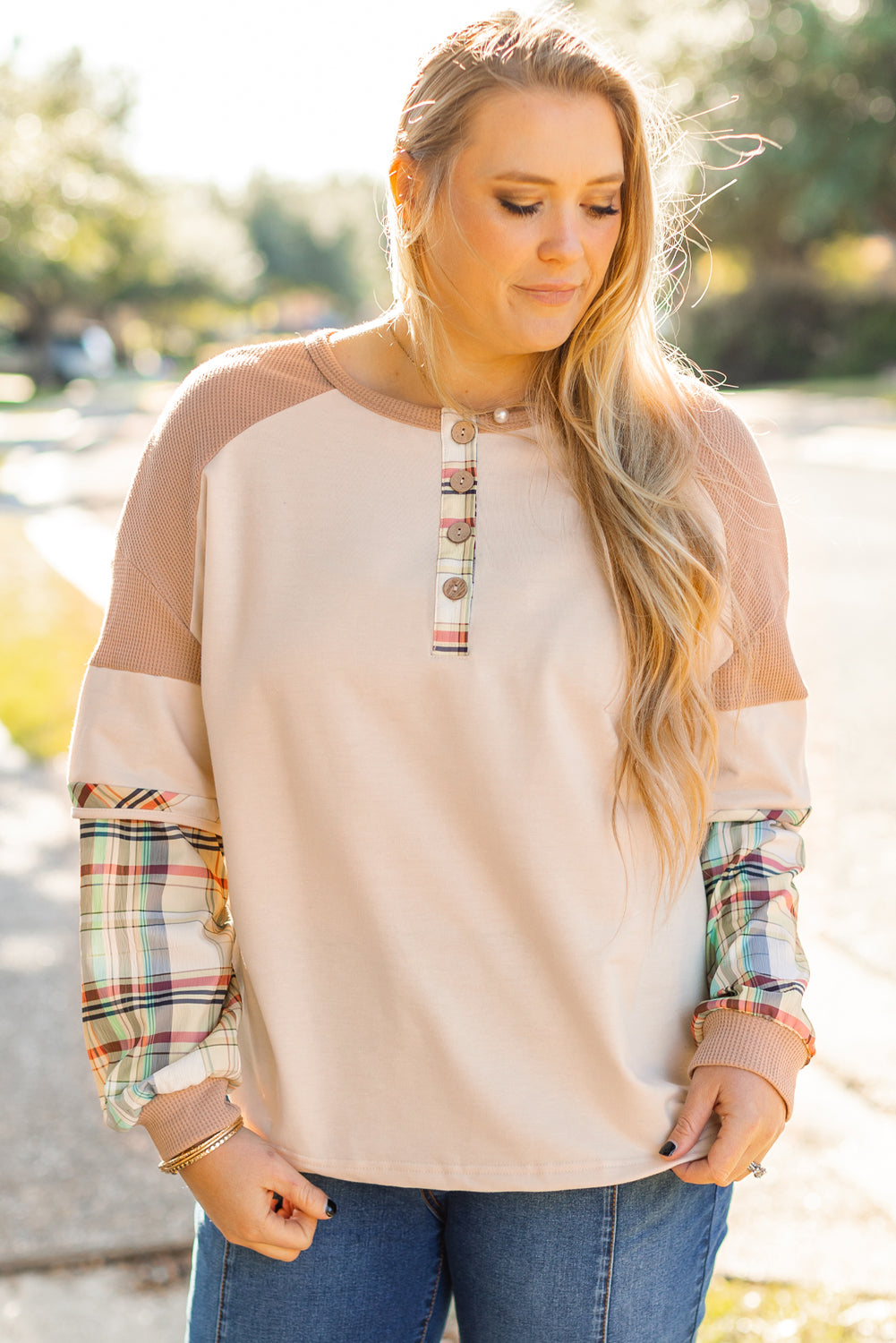 Parchment Plaid Patchwork Layered Henley Top