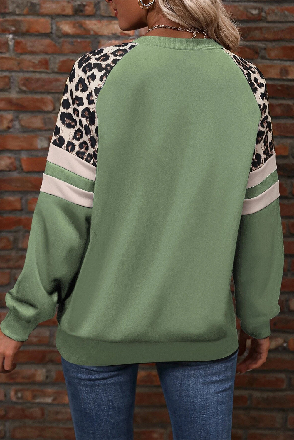 Grass Green Leopard Print Patchwork Raglan Sleeve Sweatshirt