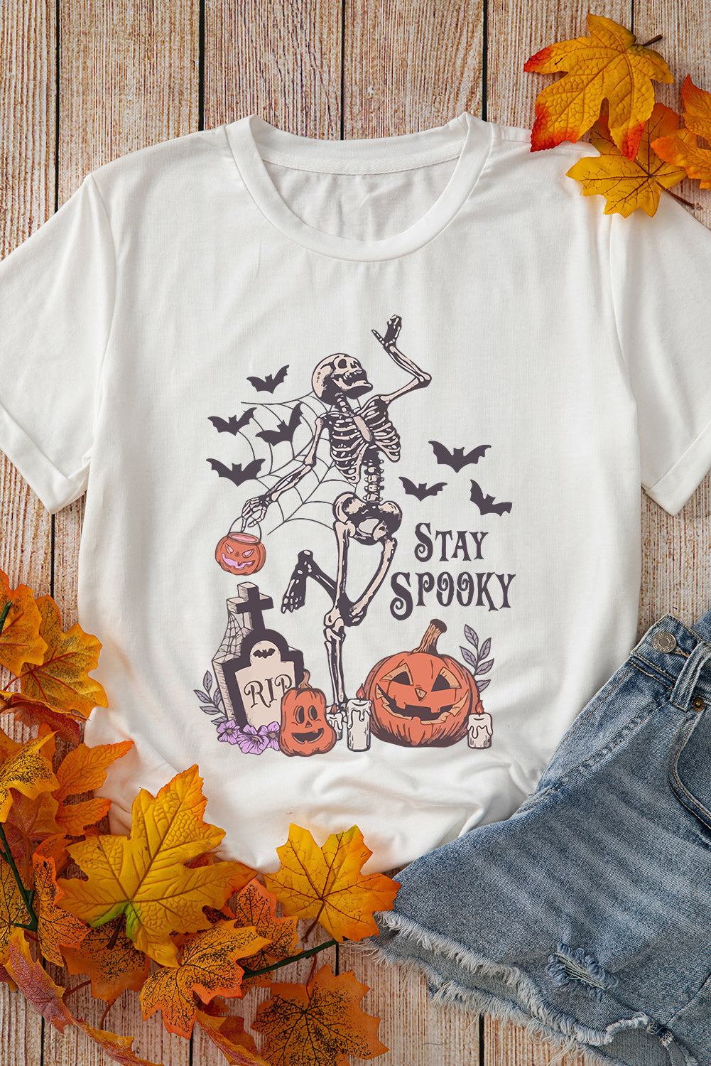 White Skull Pumpkin STAY SPOOKY Graphic Halloween T Shirt