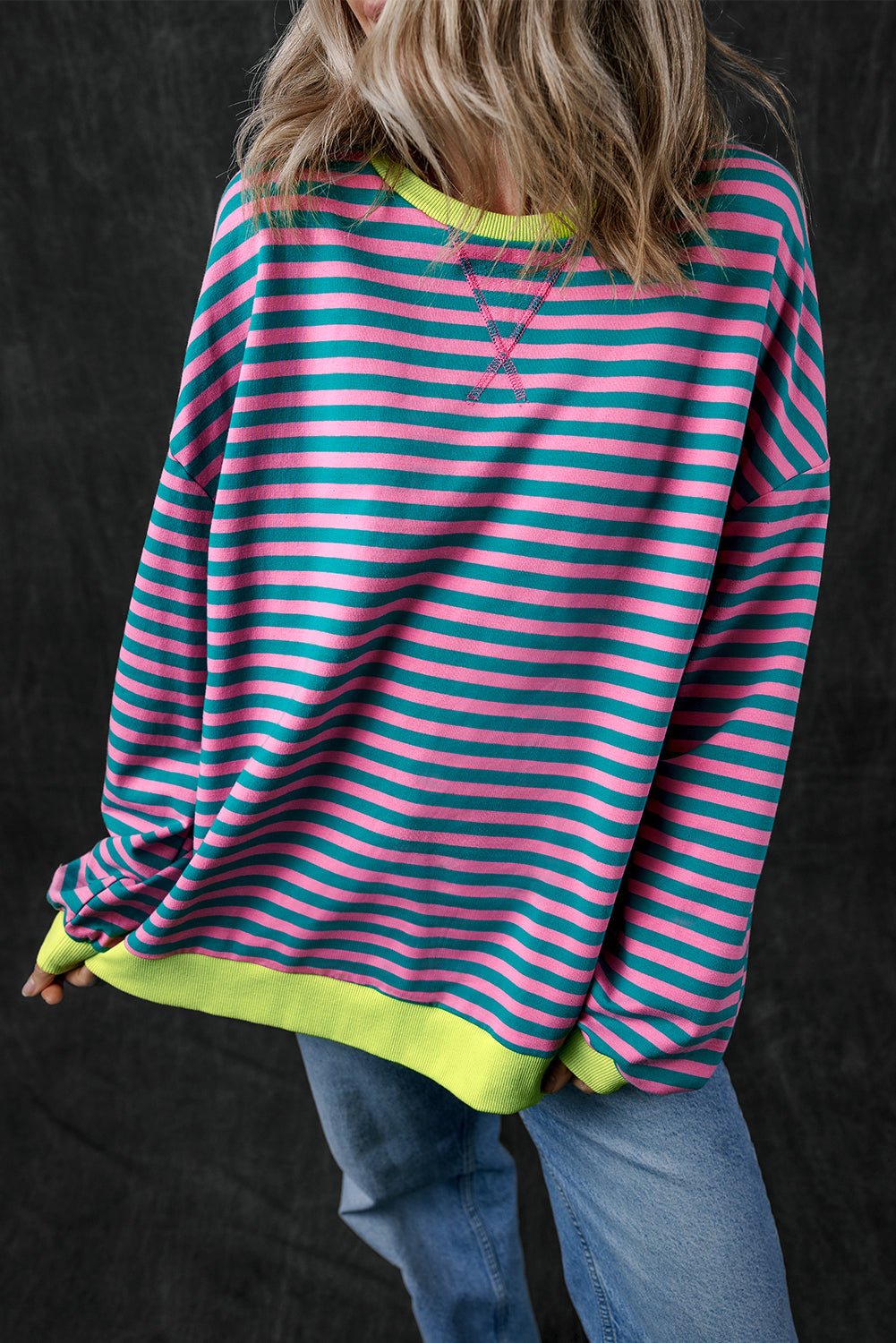 Black Stripe Oversized Contrast Trim Pullover Sweatshirt