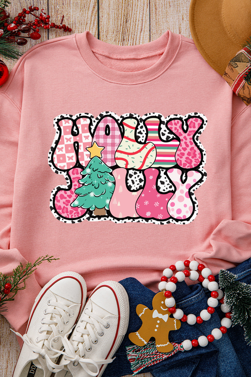 Pink Letter Print Christmas Graphic Crew Neck Sweatshirt