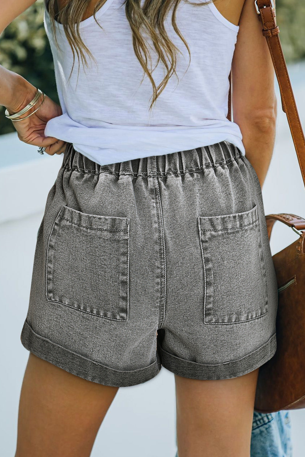 Pocketed Drawstring High Waist Denim Shorts