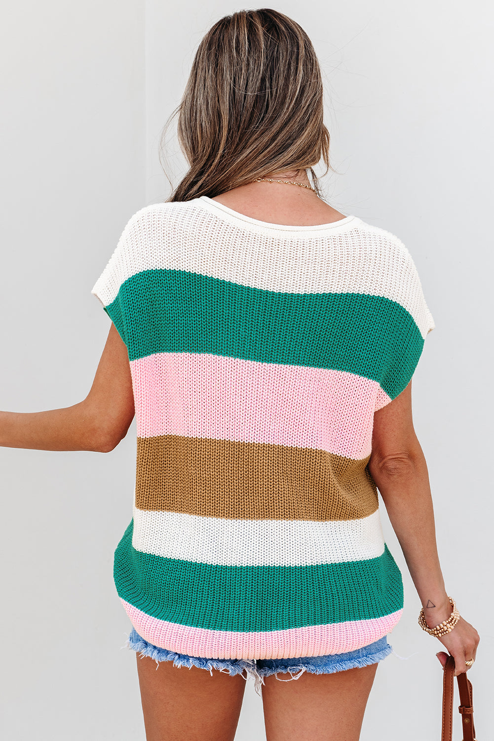 Pink Color Block Notch V Neck T Shirt