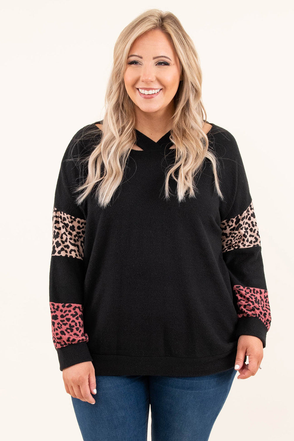 Black Leopard Patchwork Strappy Neck Top