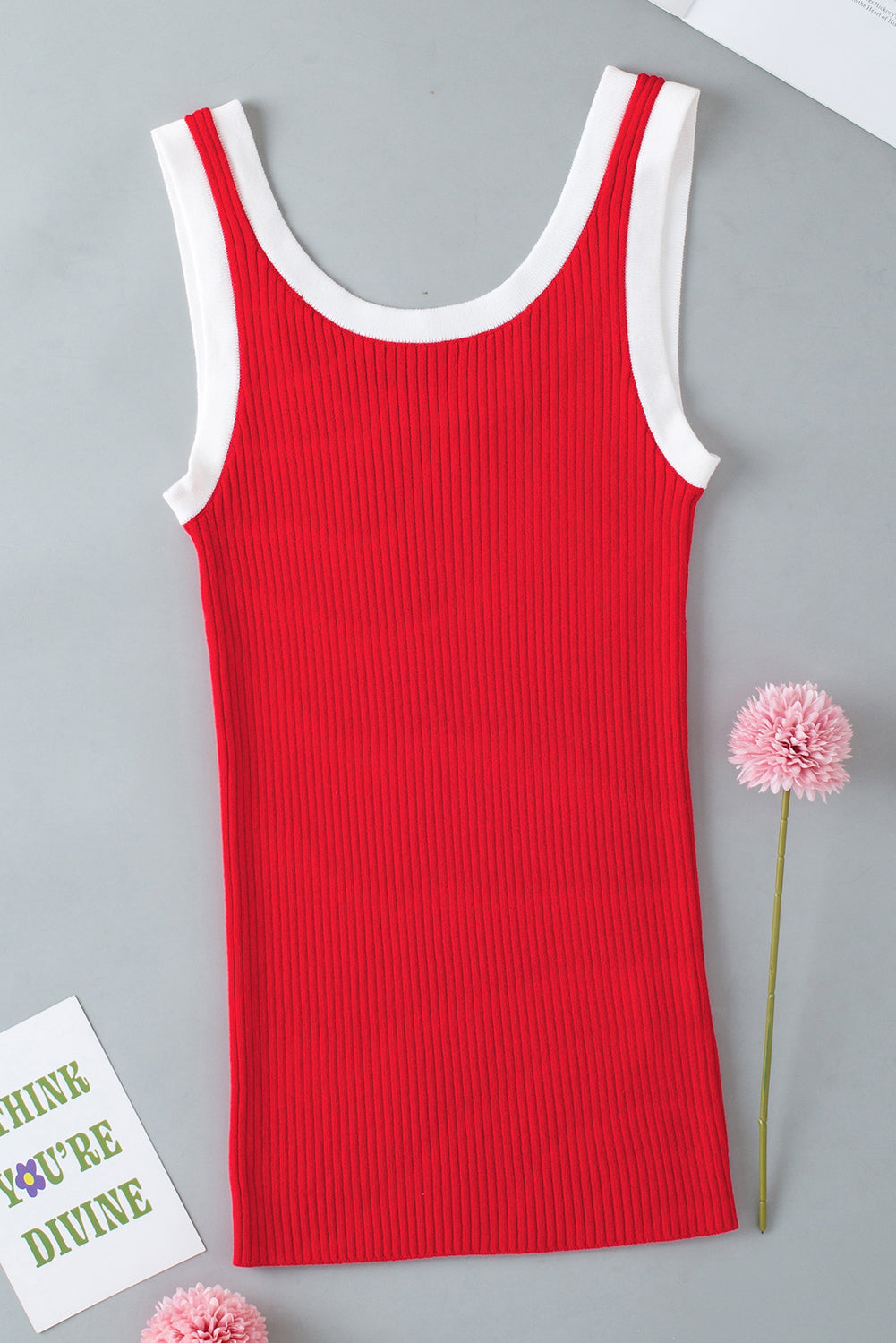 Pink Colorblock Edge Ribbed Knit U Neck Tank Top