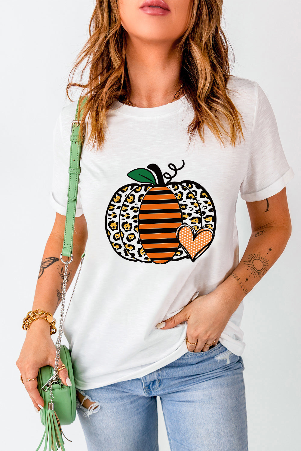 White Leopard Striped Pumpkin Printed Thanksgiving T Shirt