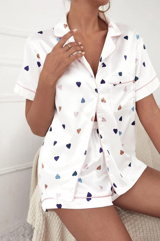 White Heart Print Pocket Shirt & Elastic Shorts Lounge Set