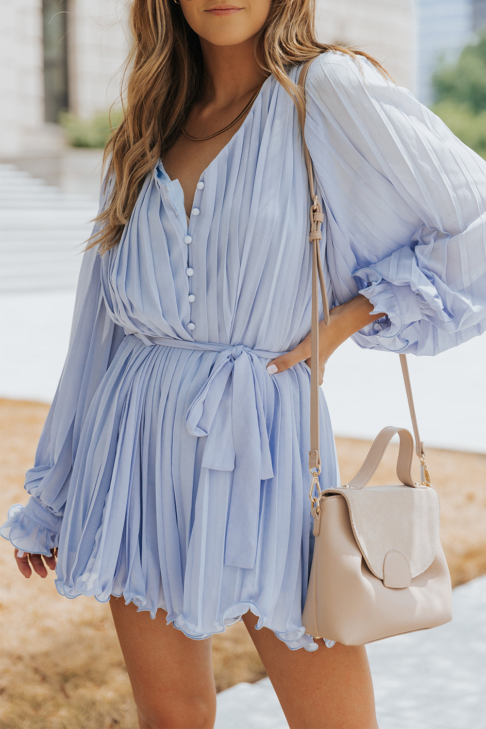 Sky Blue Pleated Ruffled Tie Waist Buttons V Neck Romper