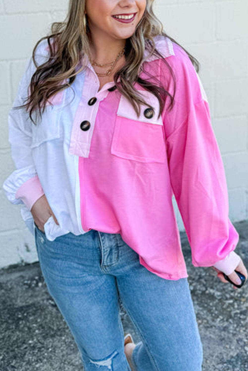 Bonbon Color Block Chest Pockets Half Button shirt