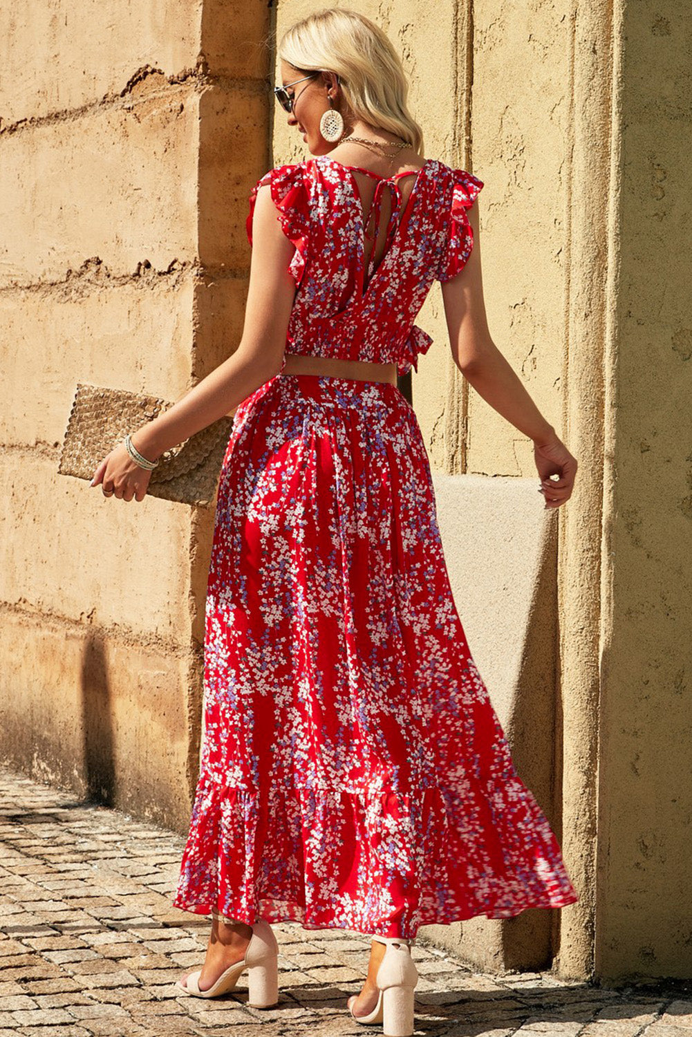 Black Multicolor Floral Ruffled Crop Top and Maxi Skirt Set